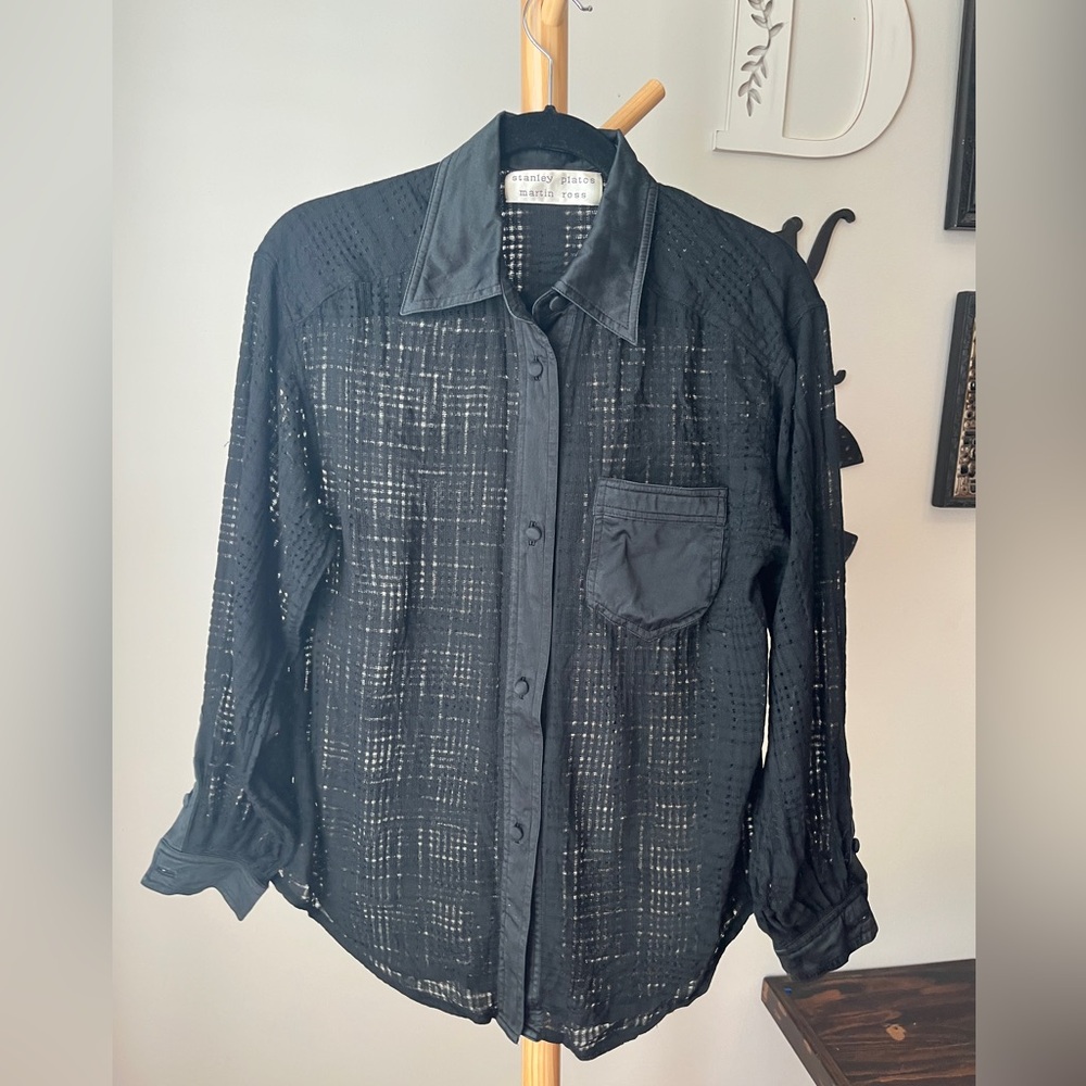 Stanley Platos Martin Ross Black Sheer Satin Check Long Sleeve Button Top medium